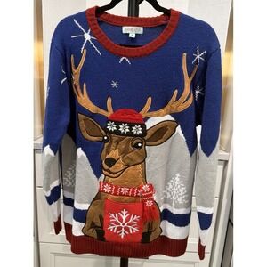 Holiday Hype Men's Festive Reindeer Ugly Christmas Sweater Drink Holder Sz M